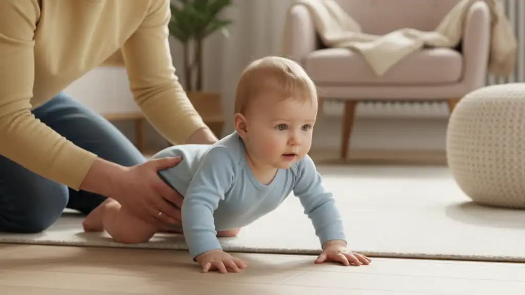 Parent accompagne le bébé dans la motricité libre