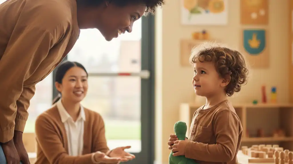 Parent souriant déposant son enfant à la crèche, moment de confiance et tendresse