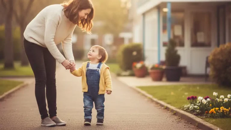 “Parent et enfant souriant sur le chemin de la crèche le matin”