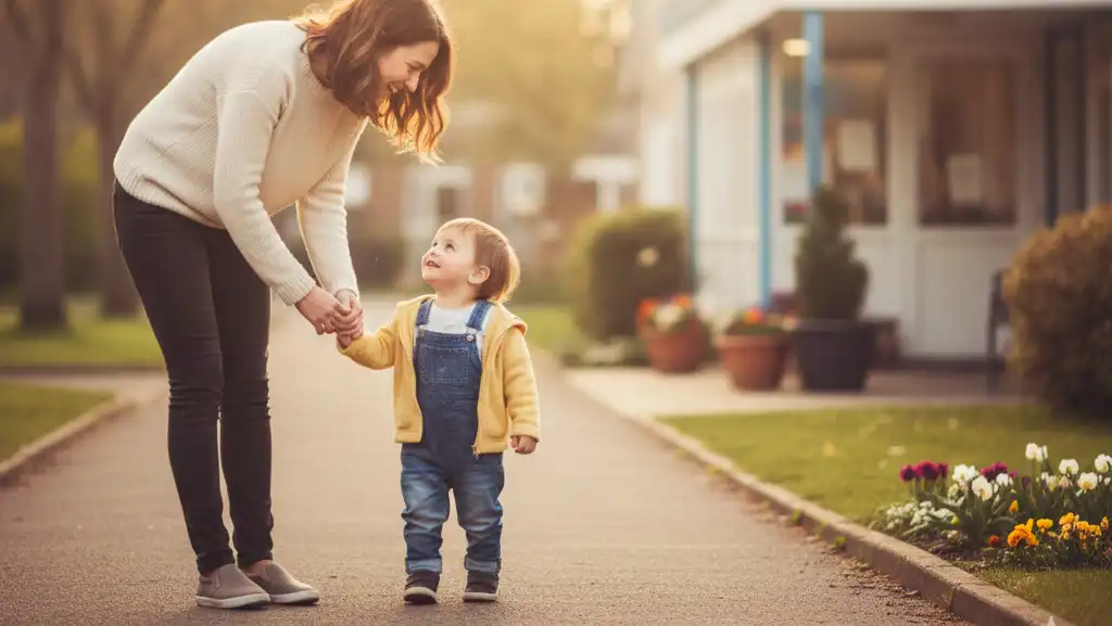 “Parent et enfant souriant sur le chemin de la crèche le matin”