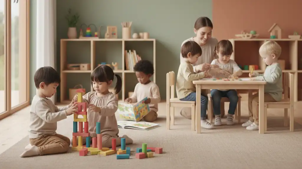 Enfants jouant librement à la crèche dans un cadre bienveillant