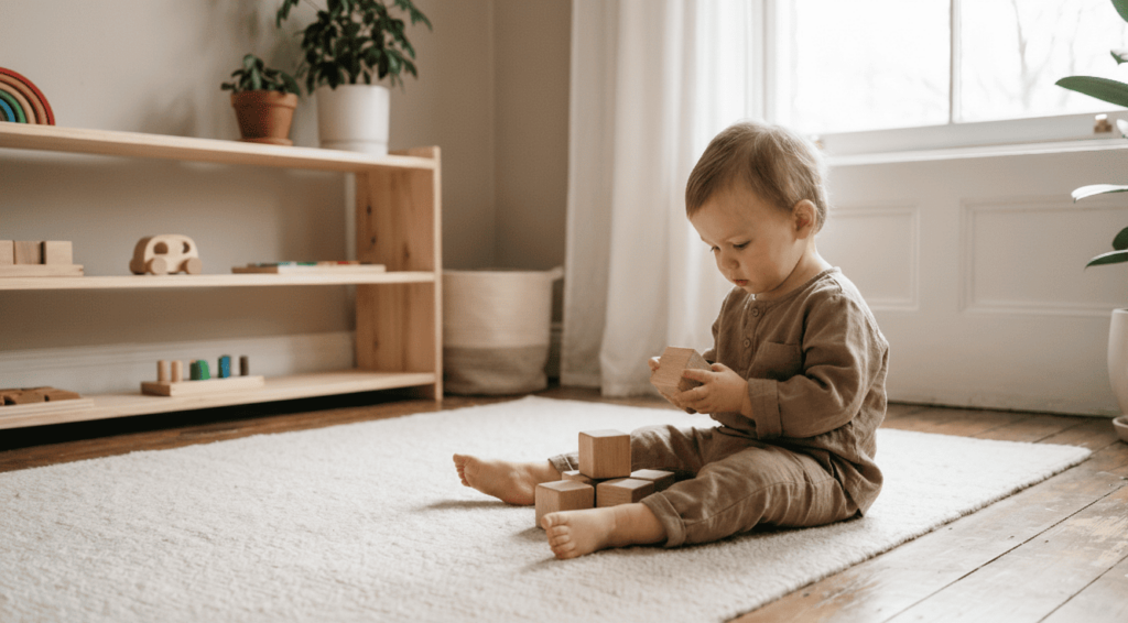 bébé qui joue librement avec des cubes Montessori
