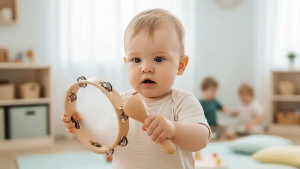 Bébé explorant des instruments musicaux en crèche
