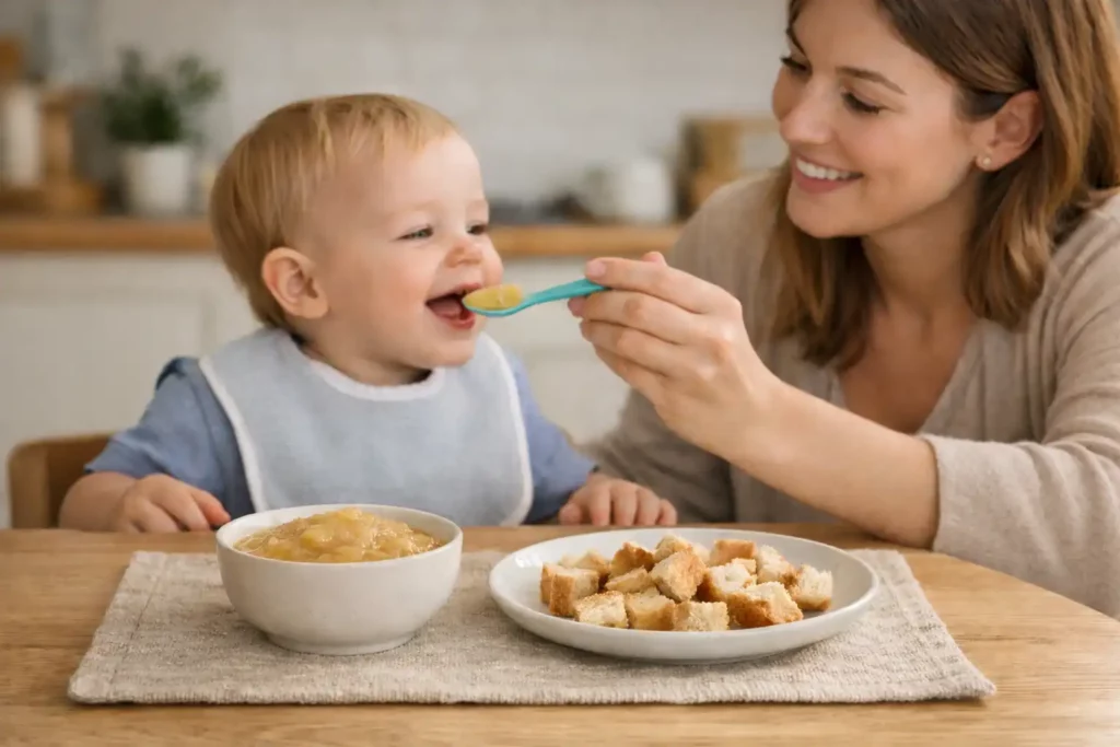 Maman donnant un goûter équilibré à son bébé avec compote de fruits maison et biscottes