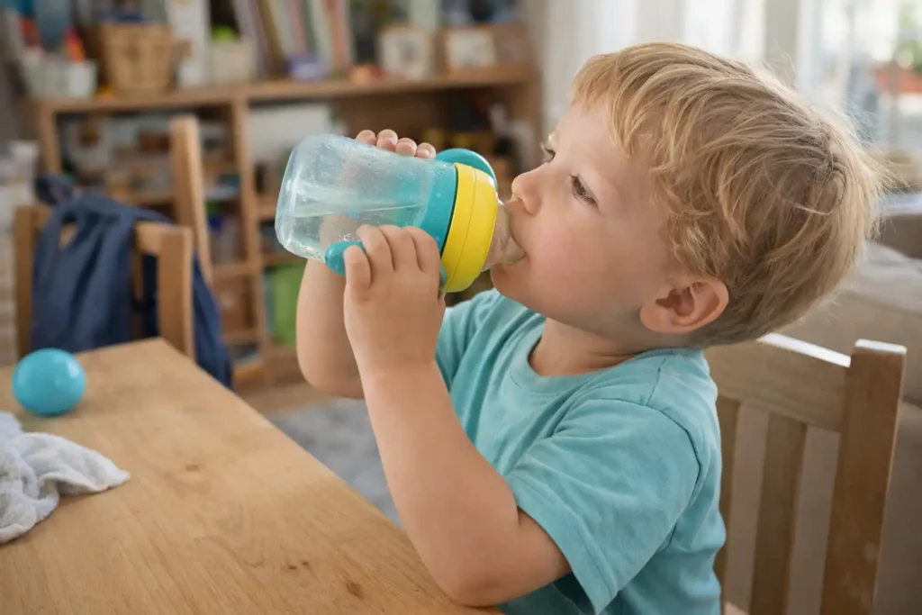 Enfant qui boit de l’eau au quotidien avec une gourde adaptée