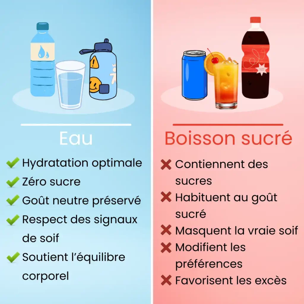 comparaison eau et boissons sucrées pour l’hydratation de l’enfant