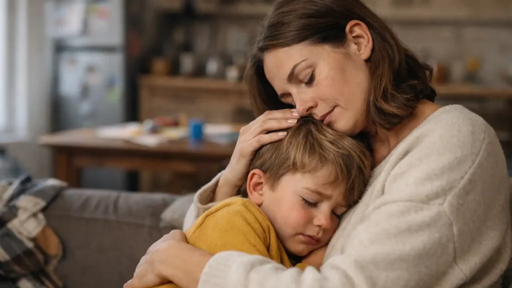 Mère réconfortant son enfant fatigué émotionnellement à la maison, moment de soutien et d’écoute face à l’épuisement émotionnel de l’enfant