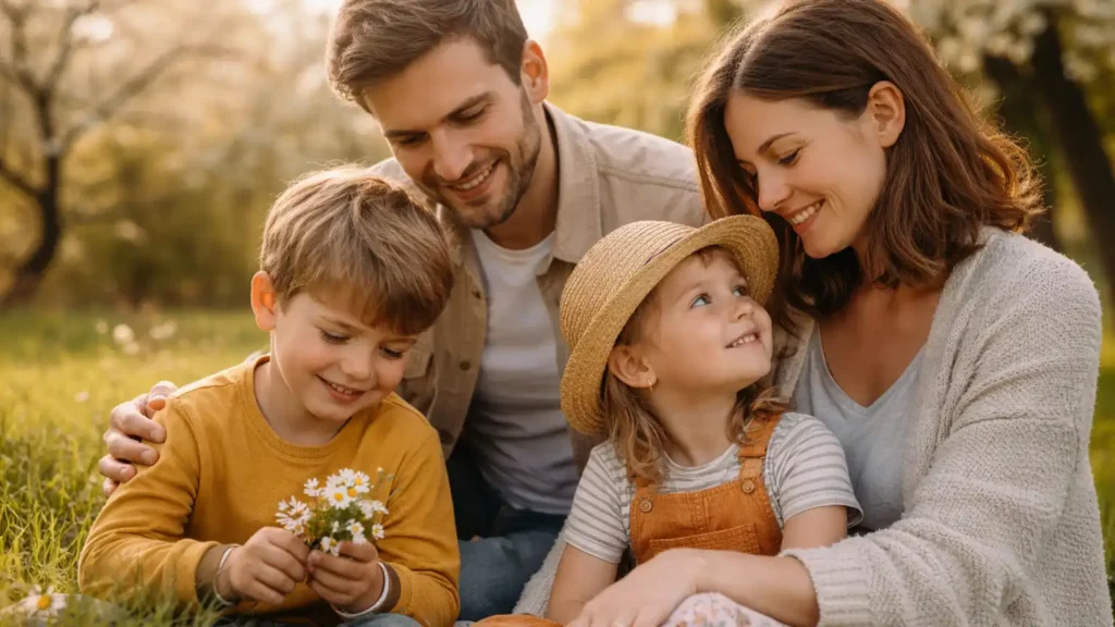 Photo de famille en extérieur, ambiance saisonnière (lumière naturelle, moment calme)