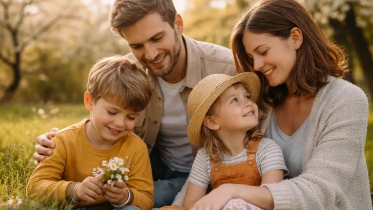 Photo de famille en extérieur, ambiance saisonnière (lumière naturelle, moment calme)