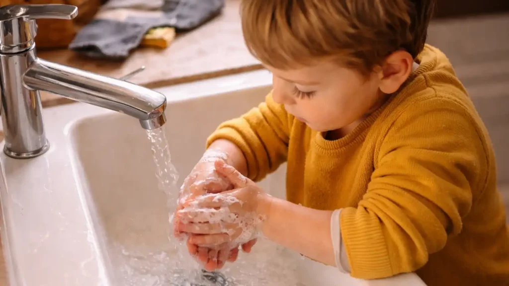 Tout-petit se lavant les mains au savon sous l’eau du robinet, geste d’hygiène doux pour renforcer l’immunité en hiver