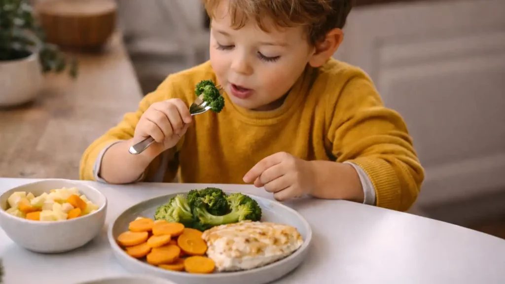 Tout-petit mangeant des légumes variés pour renforcer son immunité en hiver