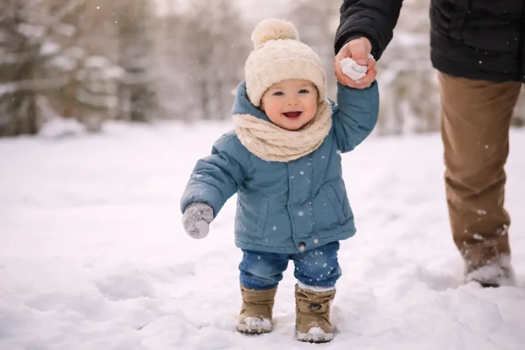 Tout-petit bien couvert marchant dans la neige pour renforcer son immunité en hiver