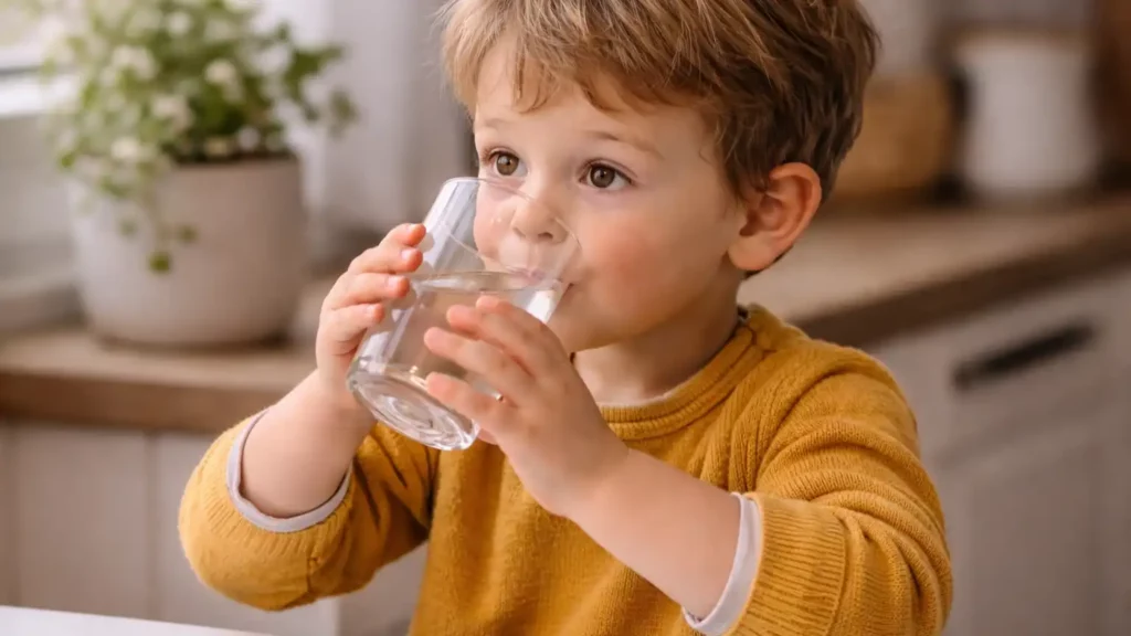 Tout-petit buvant un verre d’eau pour soutenir son immunité en hiver