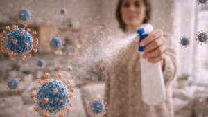 Parent désinfectant la maison pour éviter la propagation des virus en hiver