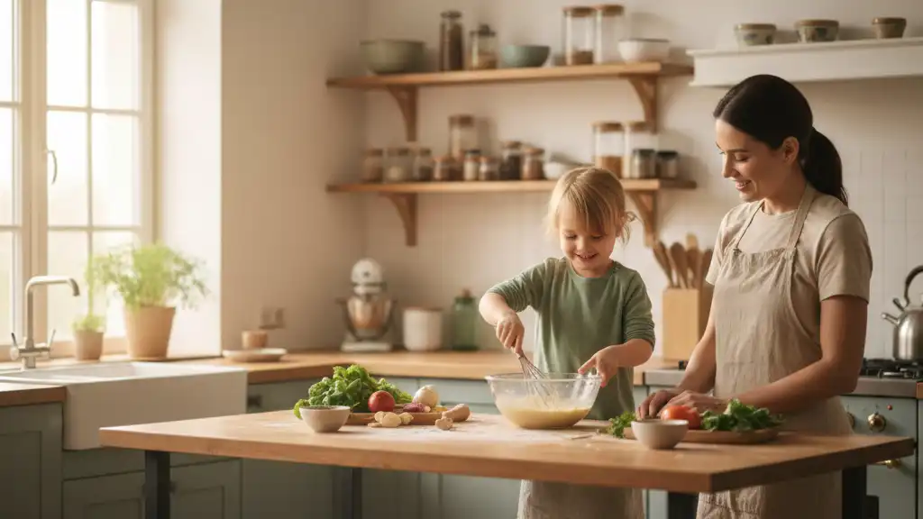Parent et enfant cuisinant ensemble à la maison