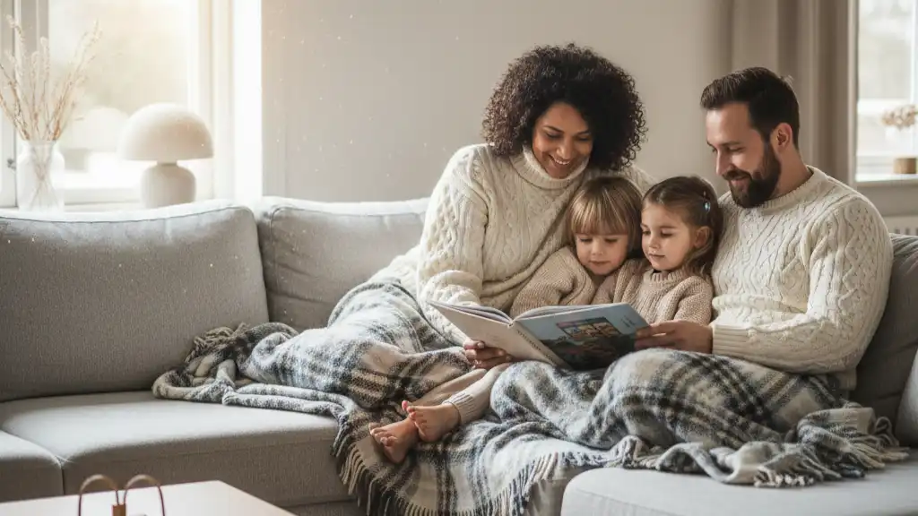 Photo de famille en hiver, moment calme à la maison (lecture, petit-déjeuner, jeu tranquille)