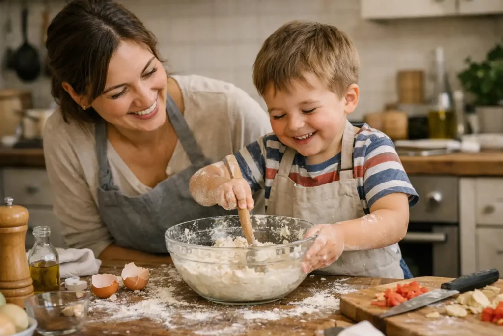 Enfant participant à la préparation du repas avec sa maman, cuisine familiale, apprentissage et plaisir partagé
